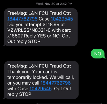 Text message warning of fraud charge